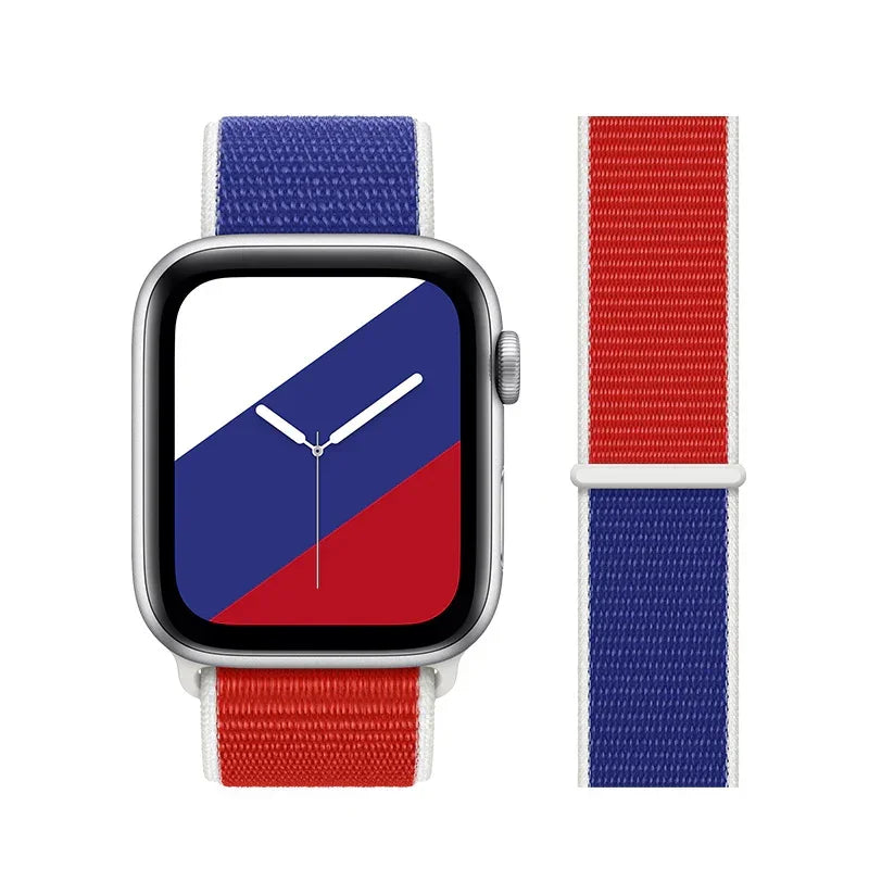 Smartwatch with red, white, and blue diagonal striped watch face and matching nylon band