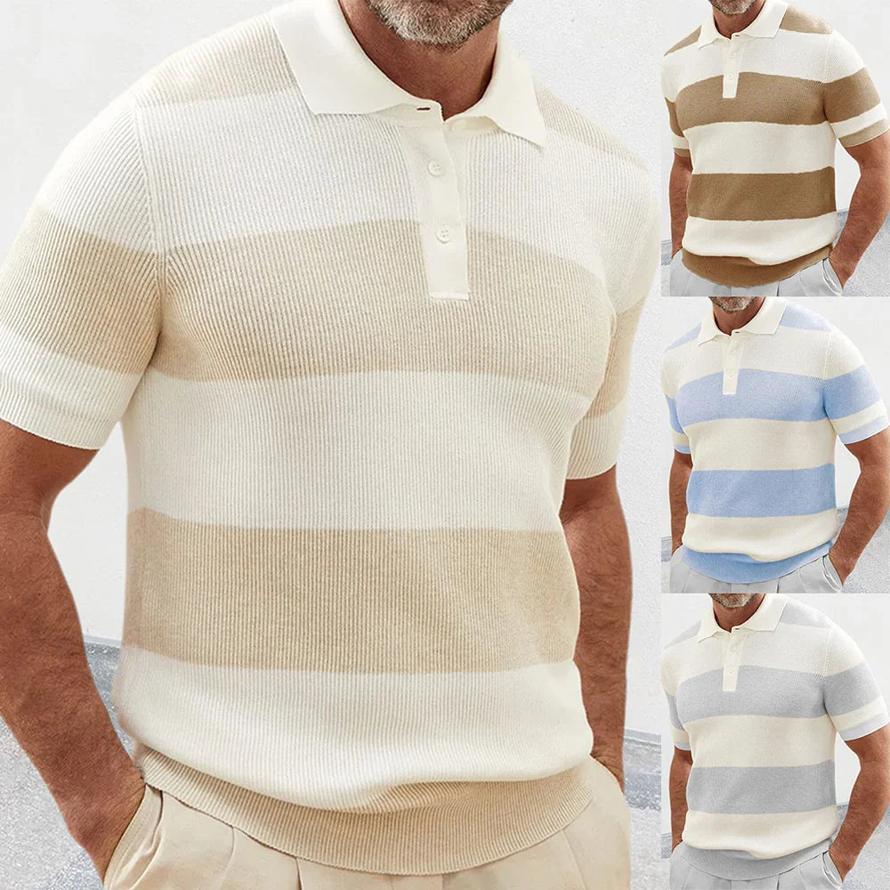 Men's short sleeve polo shirts with wide horizontal stripes in beige, brown, blue, and gray colors