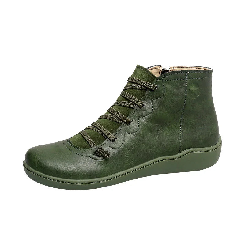 Green leather high-top casual shoe with side zipper and unique wavy lace design