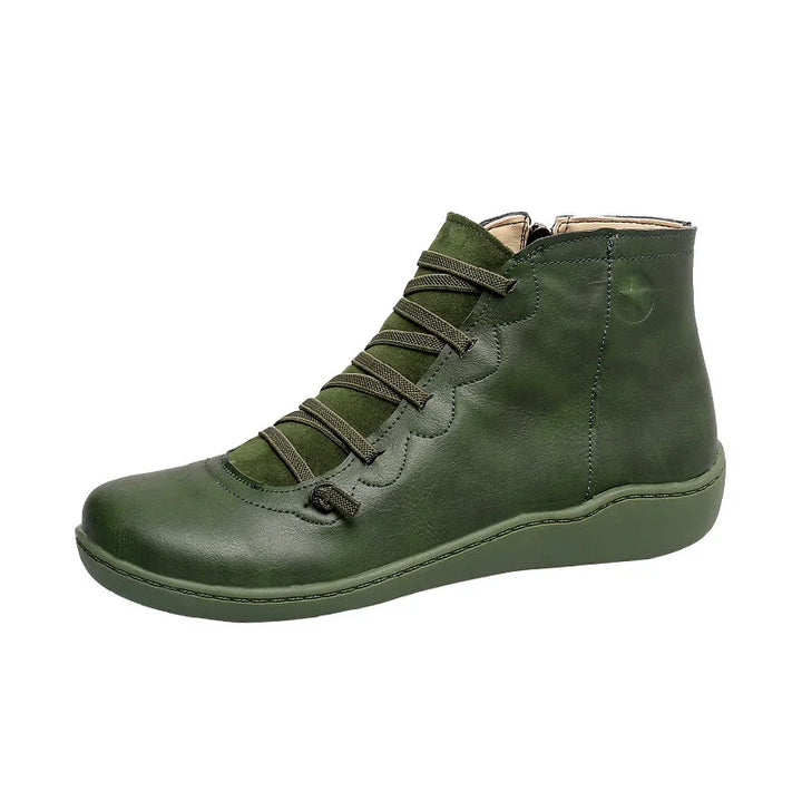 Green leather high-top casual shoe with side zipper and unique wavy lace design