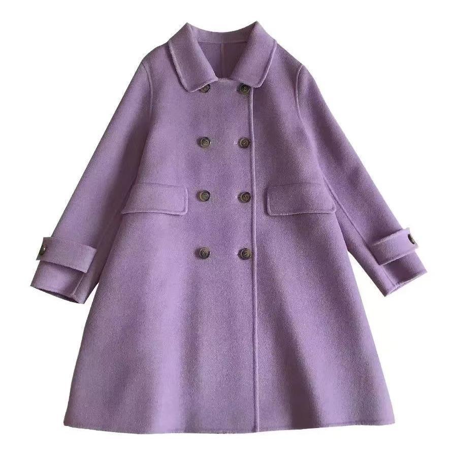 Double-breasted lavender wool coat with classic collar and front flap pockets