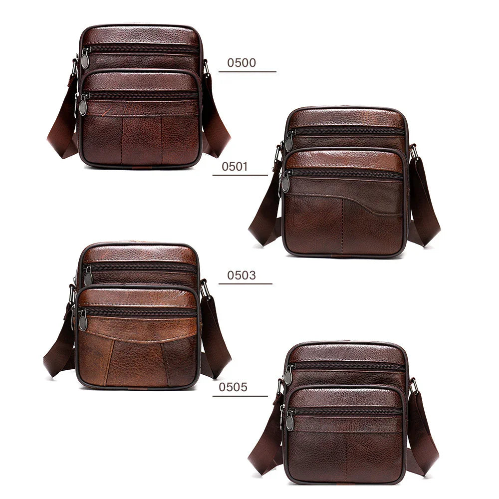 Four styles of brown leather men's crossbody bags with multiple zippered compartments and adjustable straps