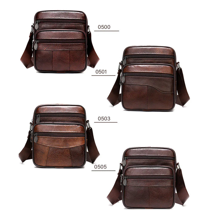 Four styles of brown leather men's crossbody bags with multiple zippered compartments and adjustable straps