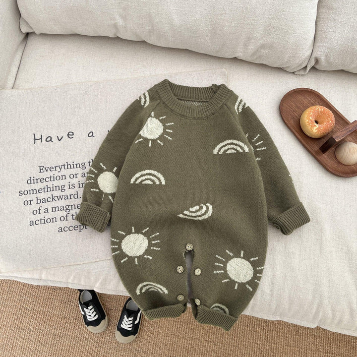 Olive green baby knit romper with sun and rainbow patterns, cozy outfit for infants