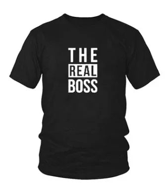 Black T-shirt with bold white text saying 'THE REAL BOSS' in capital letters