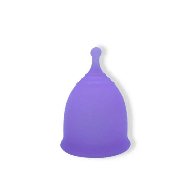 Purple silicone menstrual cup with a rounded stem against a white background
