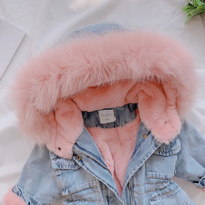 Blue denim jacket with fluffy pink faux fur lining and hood on white background