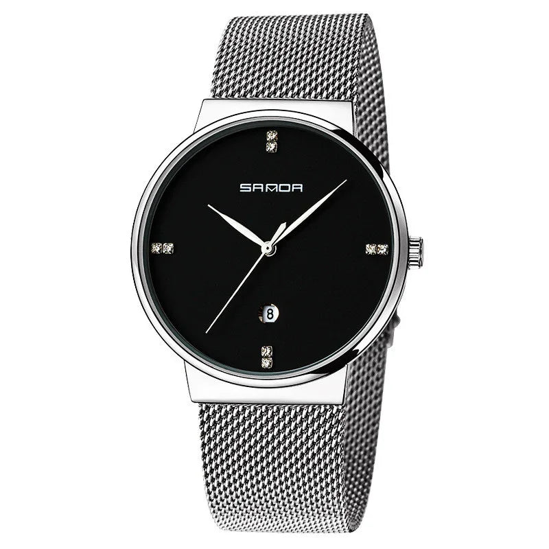 SANDA minimalist men's wristwatch with black dial, silver mesh strap, date display, and crystal markers