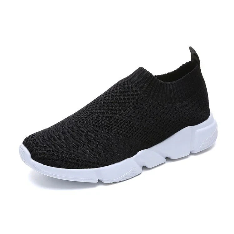 Black knit slip-on sneaker with white thick sole, breathable and flexible design