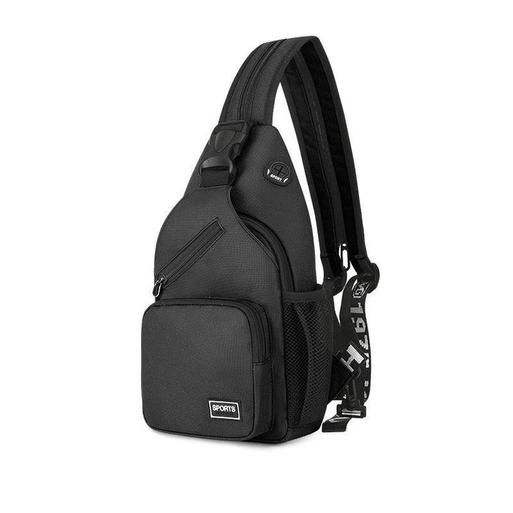 Black sporty sling backpack with multiple zippered pockets and padded adjustable strap