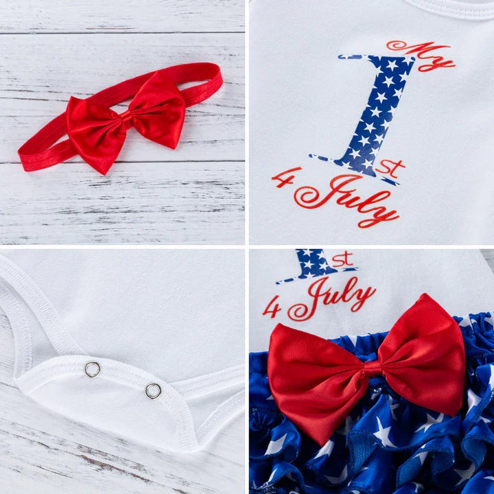 Red bow headband and 4th of July baby outfit with stars and stripes design