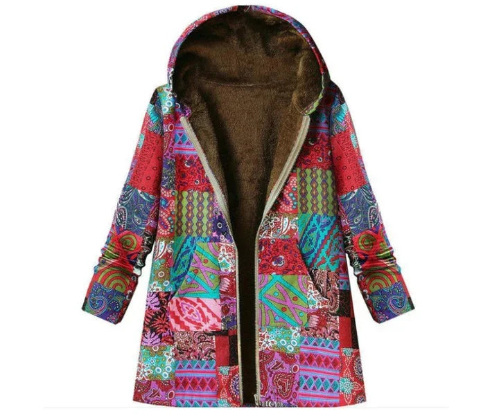 Colorful patchwork hooded winter coat with fleece lining and long sleeves