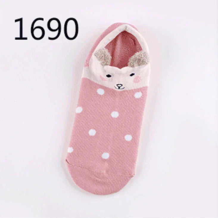 Pink polka dot ankle sock with cute animal face and ears design, style number 1690