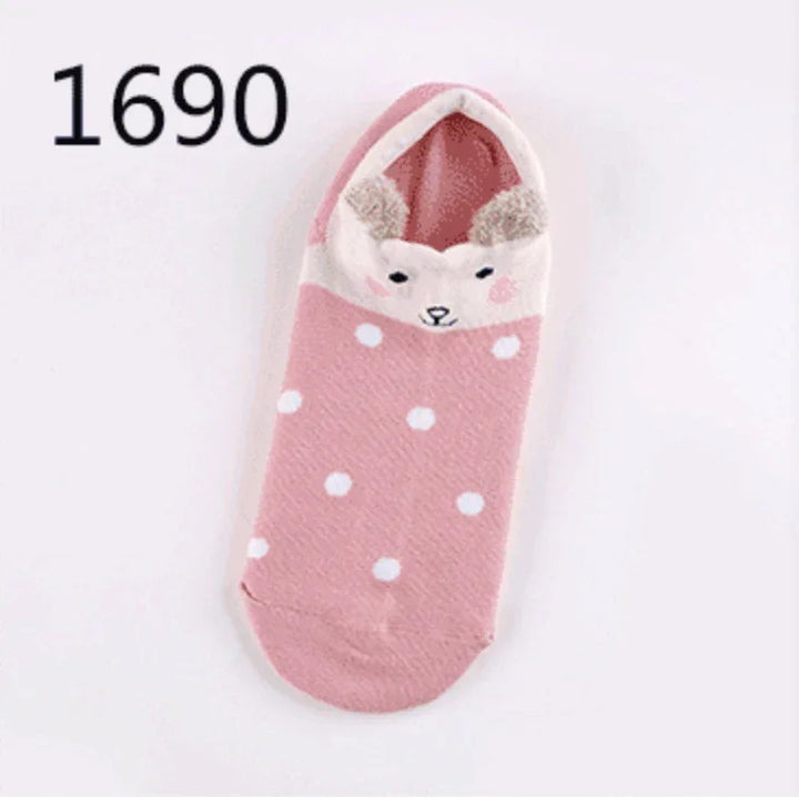 Pink polka dot ankle sock with cute animal face and ears design, style number 1690