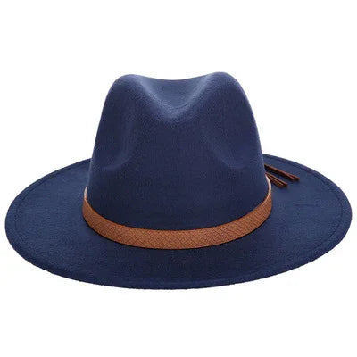 Navy blue fedora hat with a brown woven band and wide brim