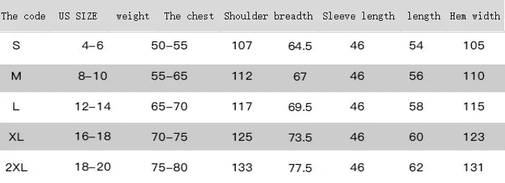 Size chart table showing US sizes S to 2XL with weight, chest, shoulder breadth, sleeve length, length, and hem width measurements