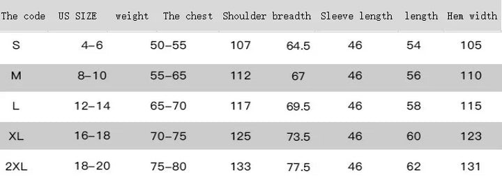 Size chart table showing US sizes S to 2XL with weight, chest, shoulder breadth, sleeve length, length, and hem width measurements