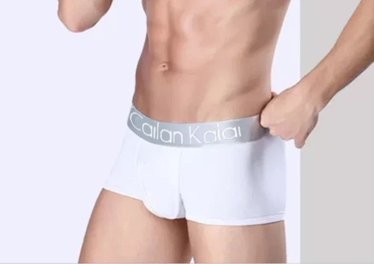 Male model wearing white boxer briefs with gray waistband in studio background