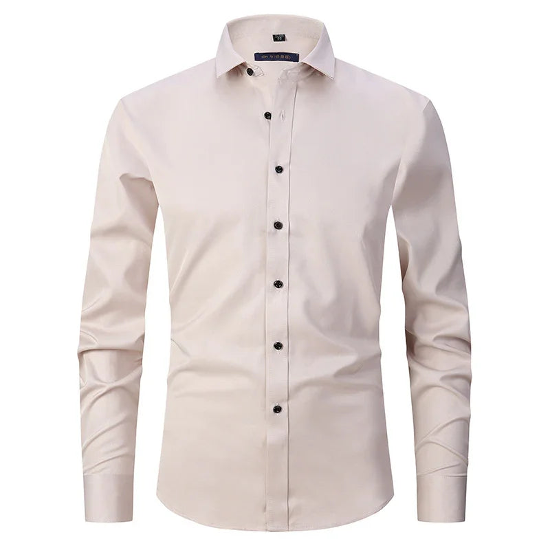 Beige long-sleeve men's dress shirt with black buttons and a classic collar