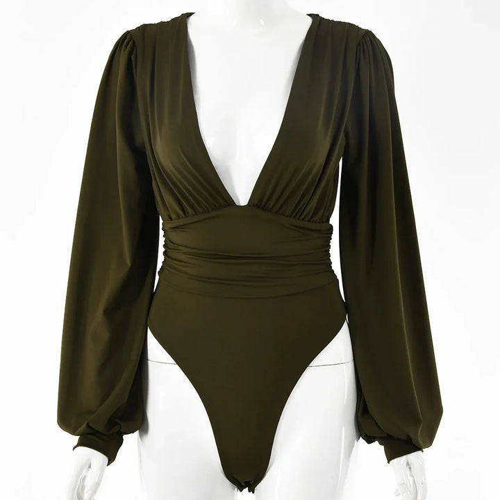 Olive green long sleeve bodysuit with deep V-neck and ruched waist on white mannequin