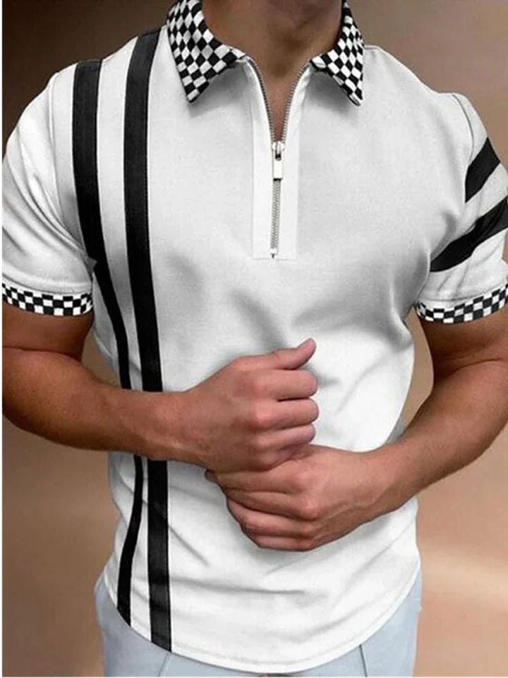 White men's polo shirt with black vertical stripes and checkered collar and sleeve cuffs, front zipper