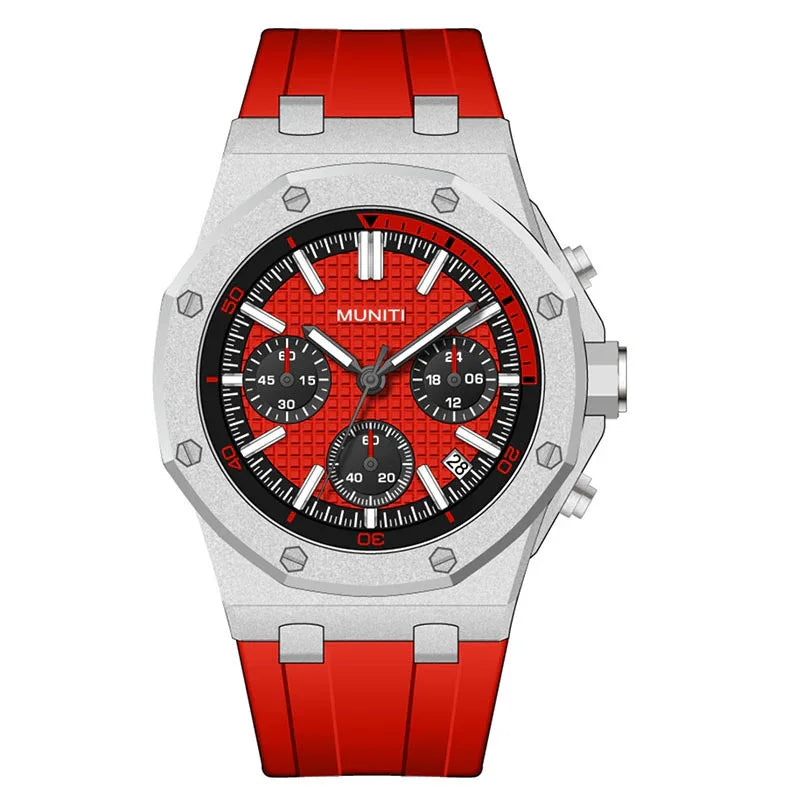 MUNITI silver chronograph watch with red textured dial, black subdials, and red rubber strap