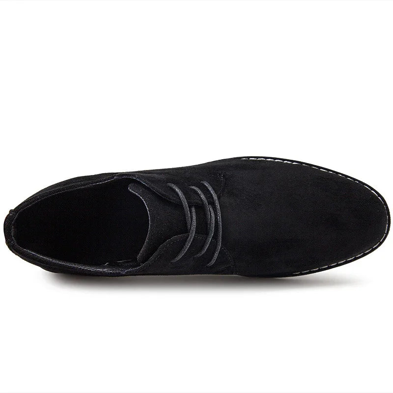 black suede men's dress shoe with laces and white stitched sole top view