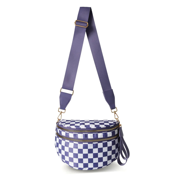 Purple and white checkered crossbody bag with wide adjustable strap and dual zippers