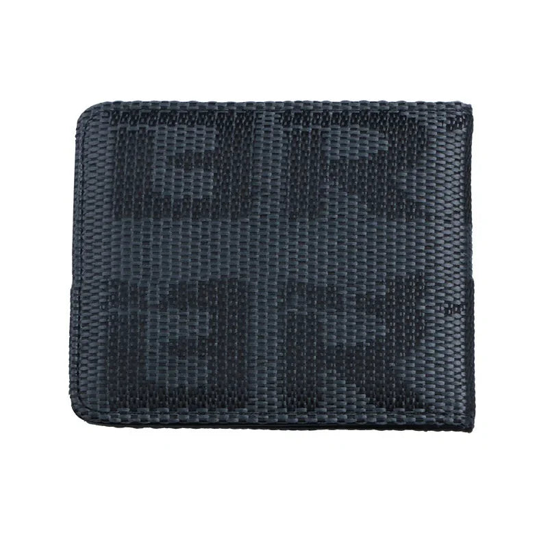Black textured rectangular wallet with woven pattern and embossed letters on front