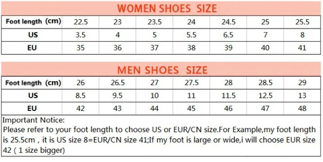 Women and men shoe size chart with foot length in cm, US, and EU sizes, plus size selection tips