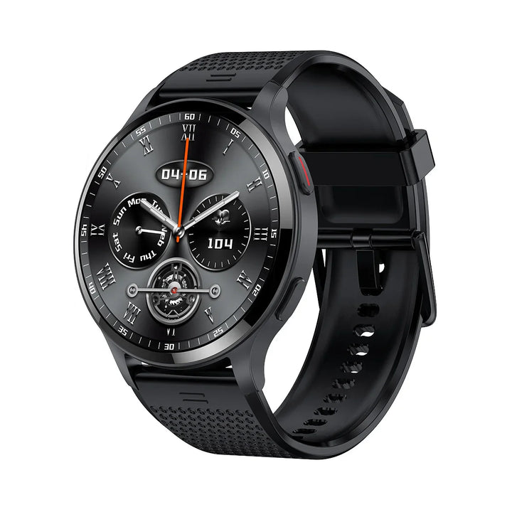 Black smartwatch with round dial, Roman numerals, fitness and date display, and textured silicone strap