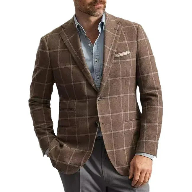 Man wearing brown windowpane check blazer with light blue shirt and gray pants