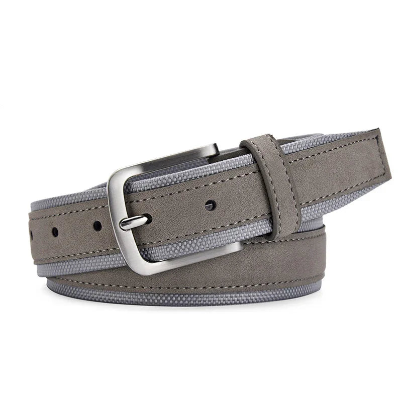 Gray fabric and leather belt with silver buckle, casual men's accessory on white background