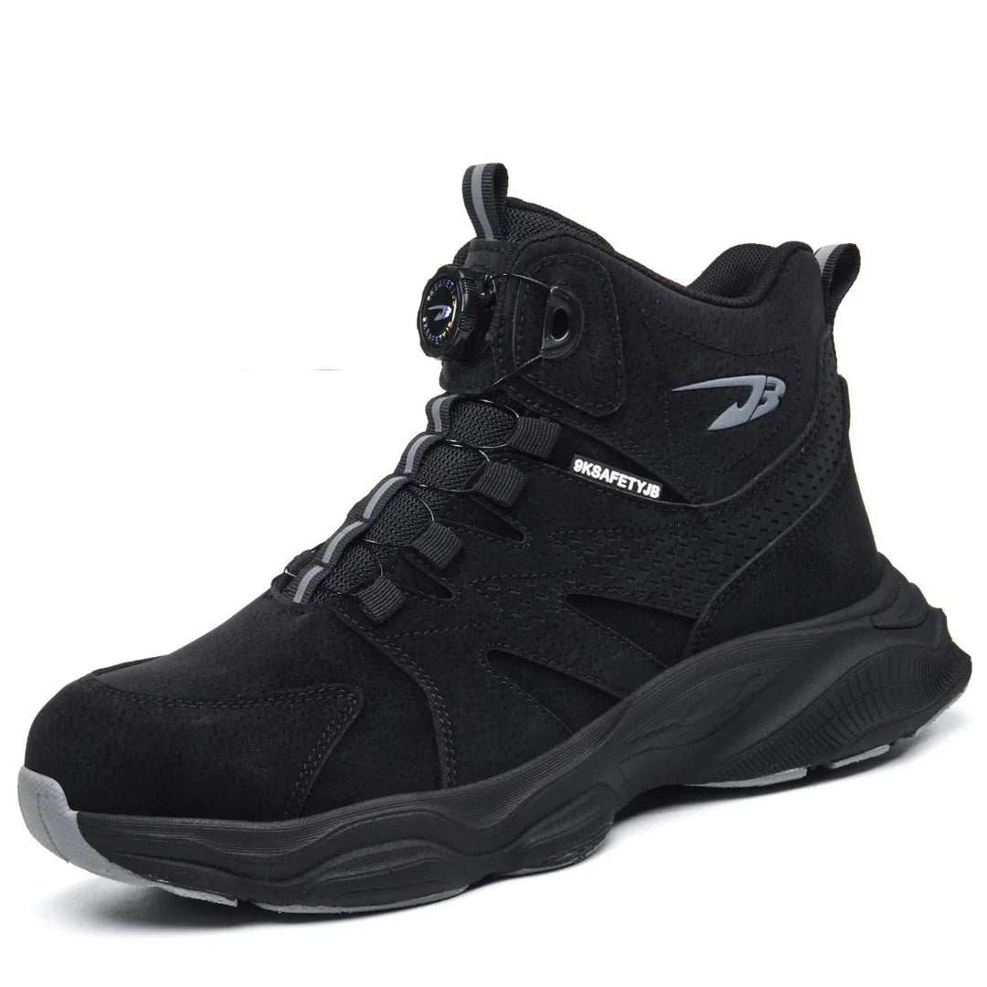 Black high-top safety shoe with dial lace system, breathable mesh, and rugged sole