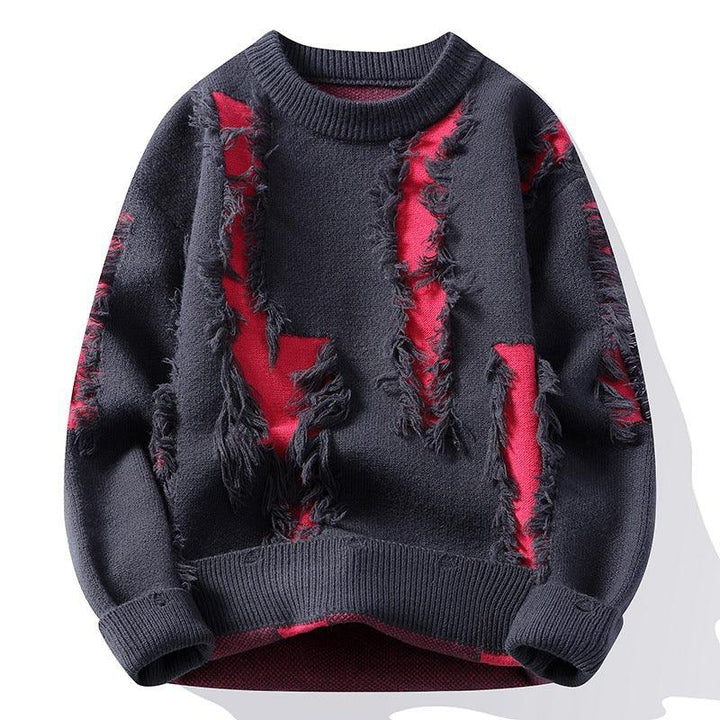 Dark gray distressed knit sweater with red fabric showing through torn details and a ribbed collar and cuffs