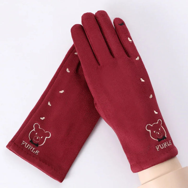 Red Furla gloves with embroidered bear face and small hearts on the back