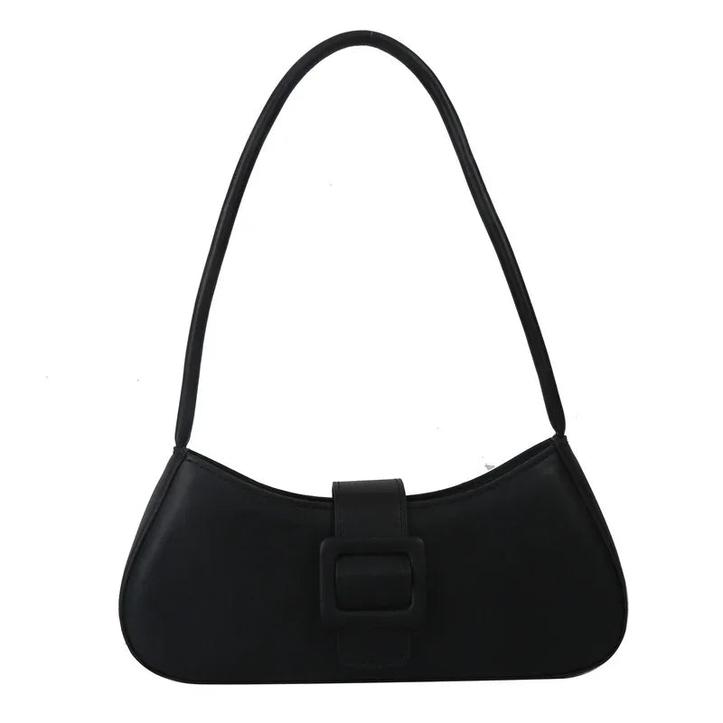 Black leather shoulder bag with rectangular buckle detail and slim strap