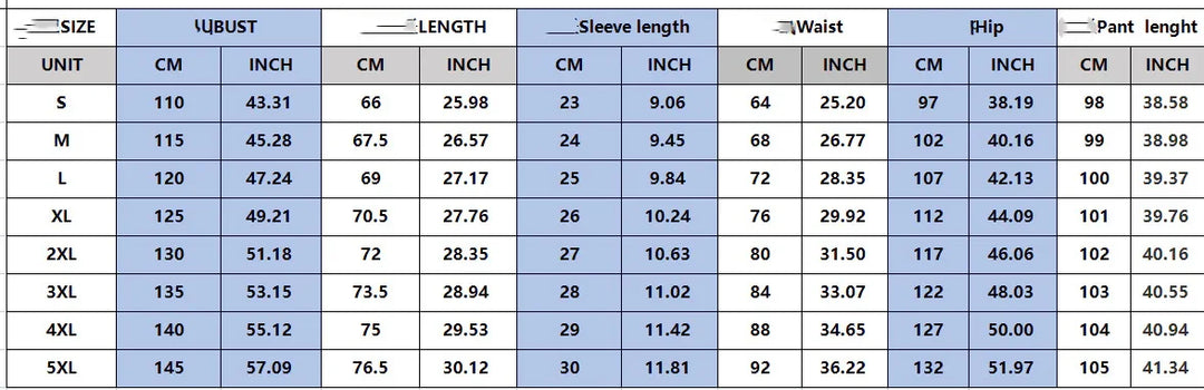 Size chart for womens clothing showing bust, length, sleeve length, waist, hip, and pant length in cm and inches for sizes S to 5XL