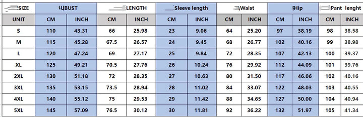Size chart for womens clothing showing bust, length, sleeve length, waist, hip, and pant length in cm and inches for sizes S to 5XL