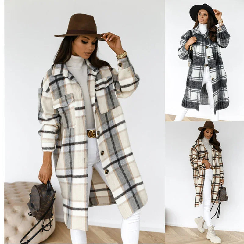 Women modeling long plaid coats in beige, gray, and brown tones with hats and white outfits