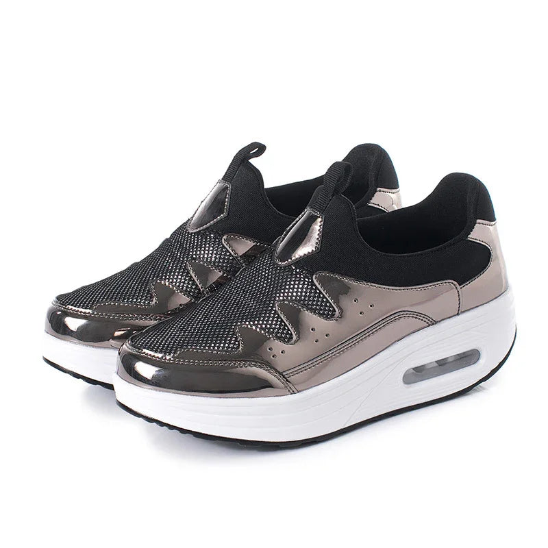 black and metallic slip-on platform sneakers with white air-cushioned sole