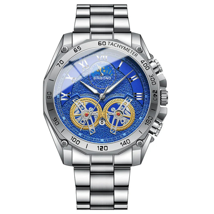 BINBOND men's silver stainless steel luxury wristwatch with blue dial and tachymeter bezel
