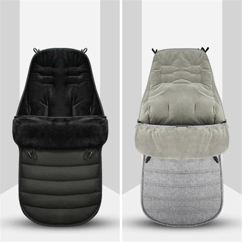 Black and gray soft baby stroller footmuffs with padded interior and adjustable hood