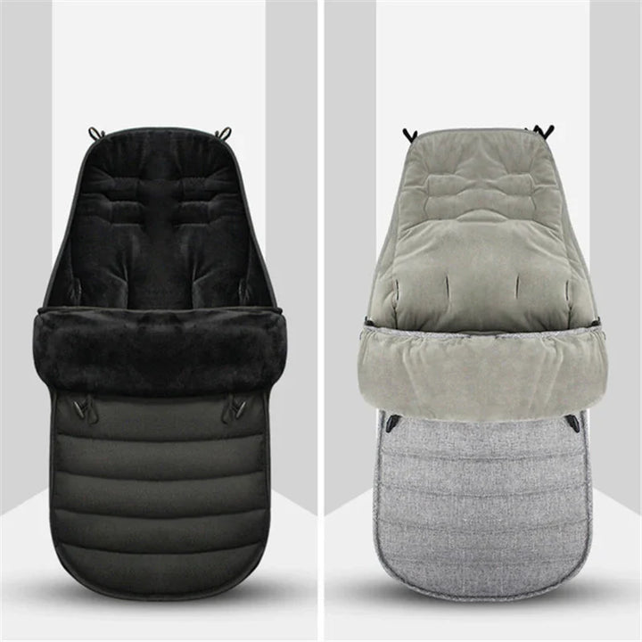 Black and gray soft baby stroller footmuffs with padded interior and adjustable hood