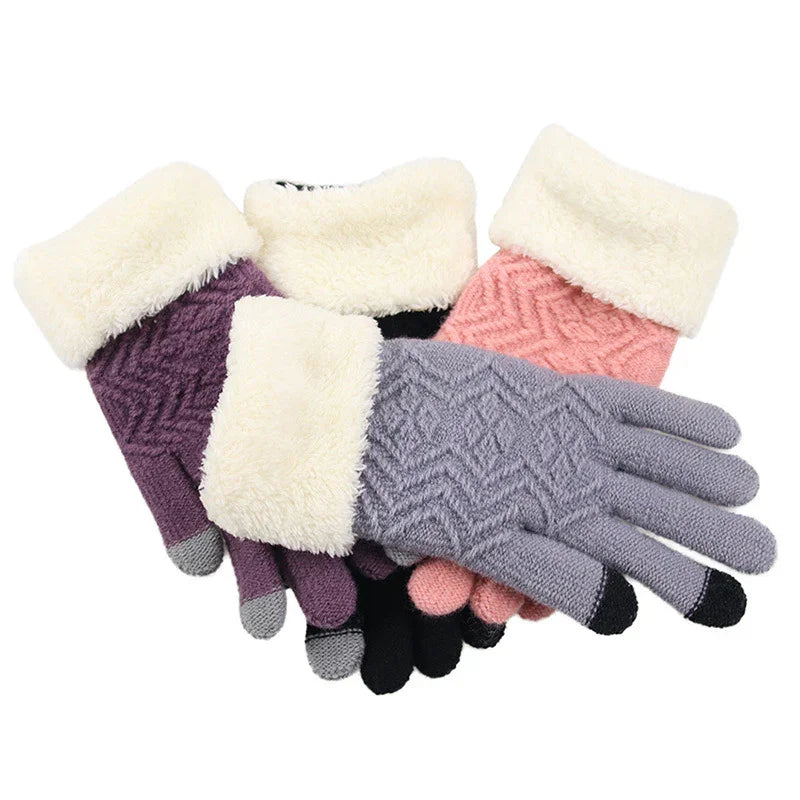 Set of three cozy knit winter gloves in purple, pink, and gray with white fleece cuffs and touchscreen fingertips