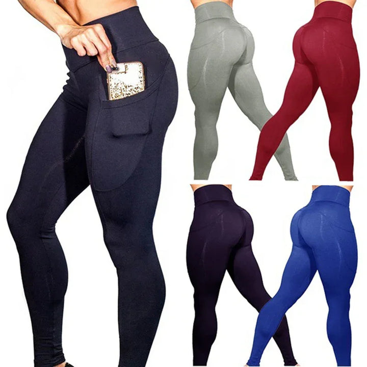High-waisted athletic leggings with side pocket in black, grey, red, purple, and blue colors
