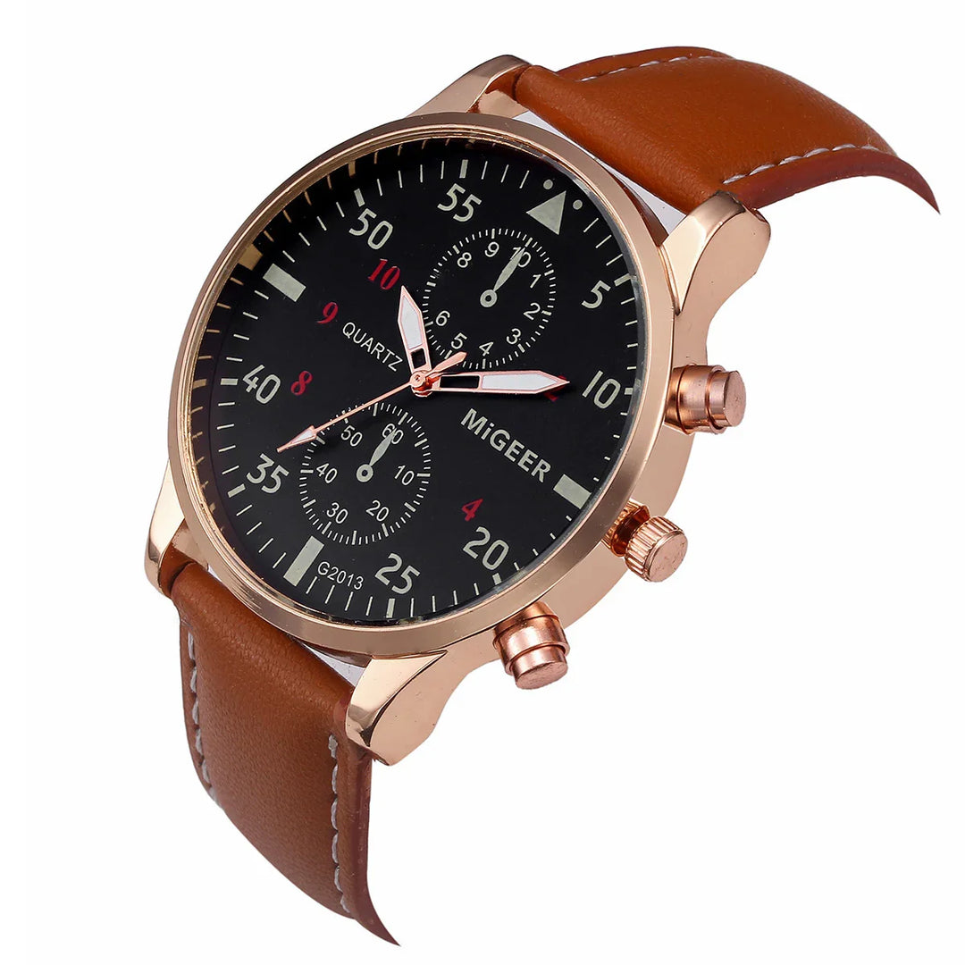 MiGEER men's quartz wristwatch with black dial, rose gold case, and brown leather strap
