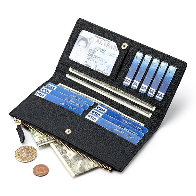 Black leather wallet organizer with multiple Visa cards, Alabama driver license, cash, and coins