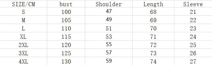 Clothing size chart in centimeters showing bust, shoulder, length, and sleeve measurements from S to 4XL