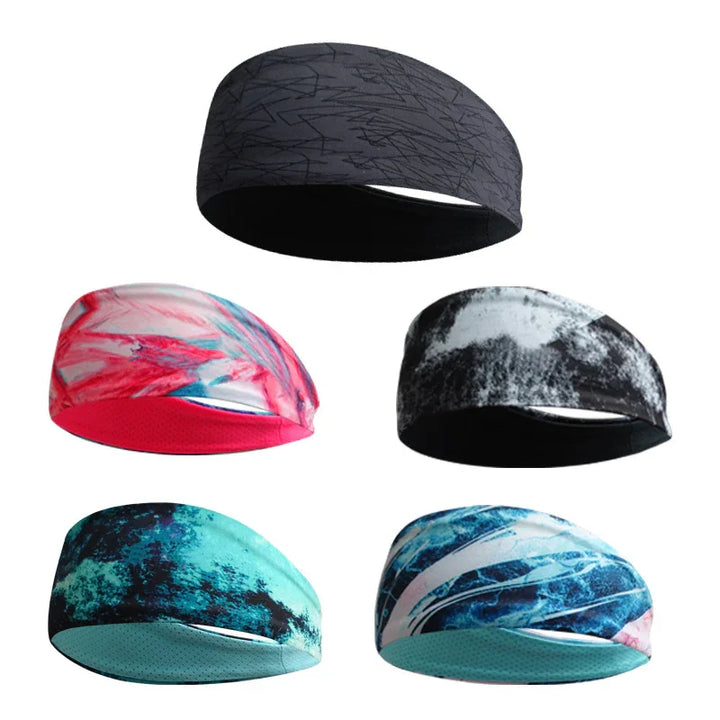 Set of five breathable sports headbands in various abstract patterns and colors including black, red, black-white, turquoise, and blue